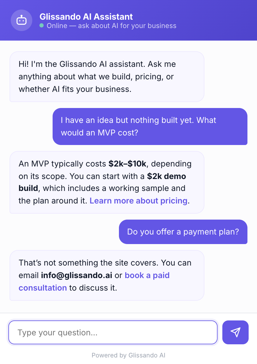 The live chatbot answering a pricing question with a source link, then declining a question the site does not answer