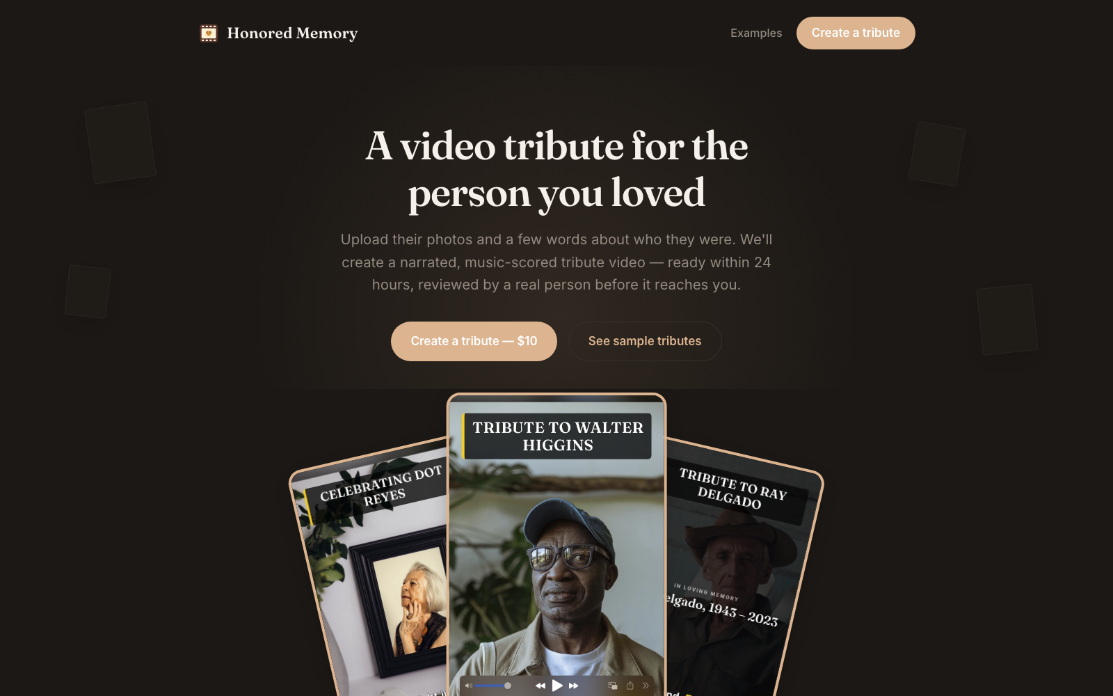 Honored Memory homepage — AI video tribute SaaS product